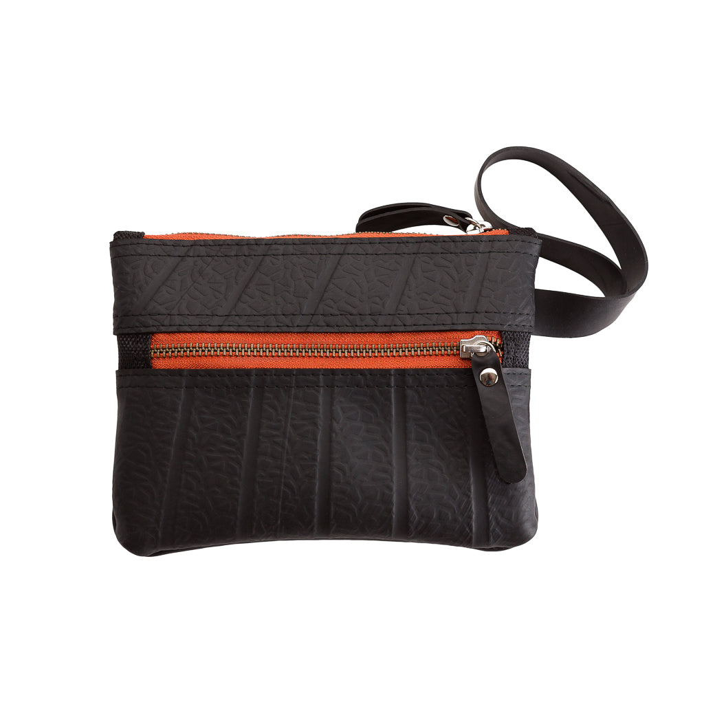 Erin Vegan Wristlet and Belt Pouch made from recycled rubber, featuring a zip pocket and wristlet strap, available in various colors.